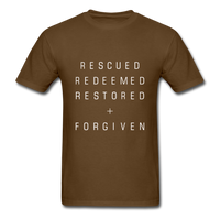 Rescued Redeemed Restored + Forgiven T-Shirt - brown