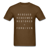 Rescued Redeemed Restored + Forgiven T-Shirt - brown