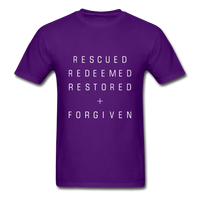 Rescued Redeemed Restored + Forgiven T-Shirt - purple