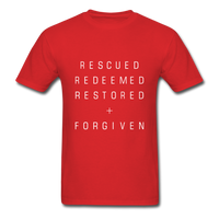 Rescued Redeemed Restored + Forgiven T-Shirt - red