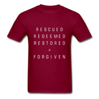 Rescued Redeemed Restored + Forgiven T-Shirt - burgundy