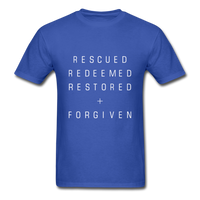 Rescued Redeemed Restored + Forgiven T-Shirt - royal blue