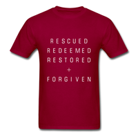 Rescued Redeemed Restored + Forgiven T-Shirt - dark red