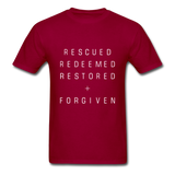 Rescued Redeemed Restored + Forgiven T-Shirt - dark red