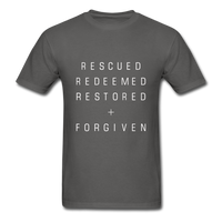 Rescued Redeemed Restored + Forgiven T-Shirt - charcoal